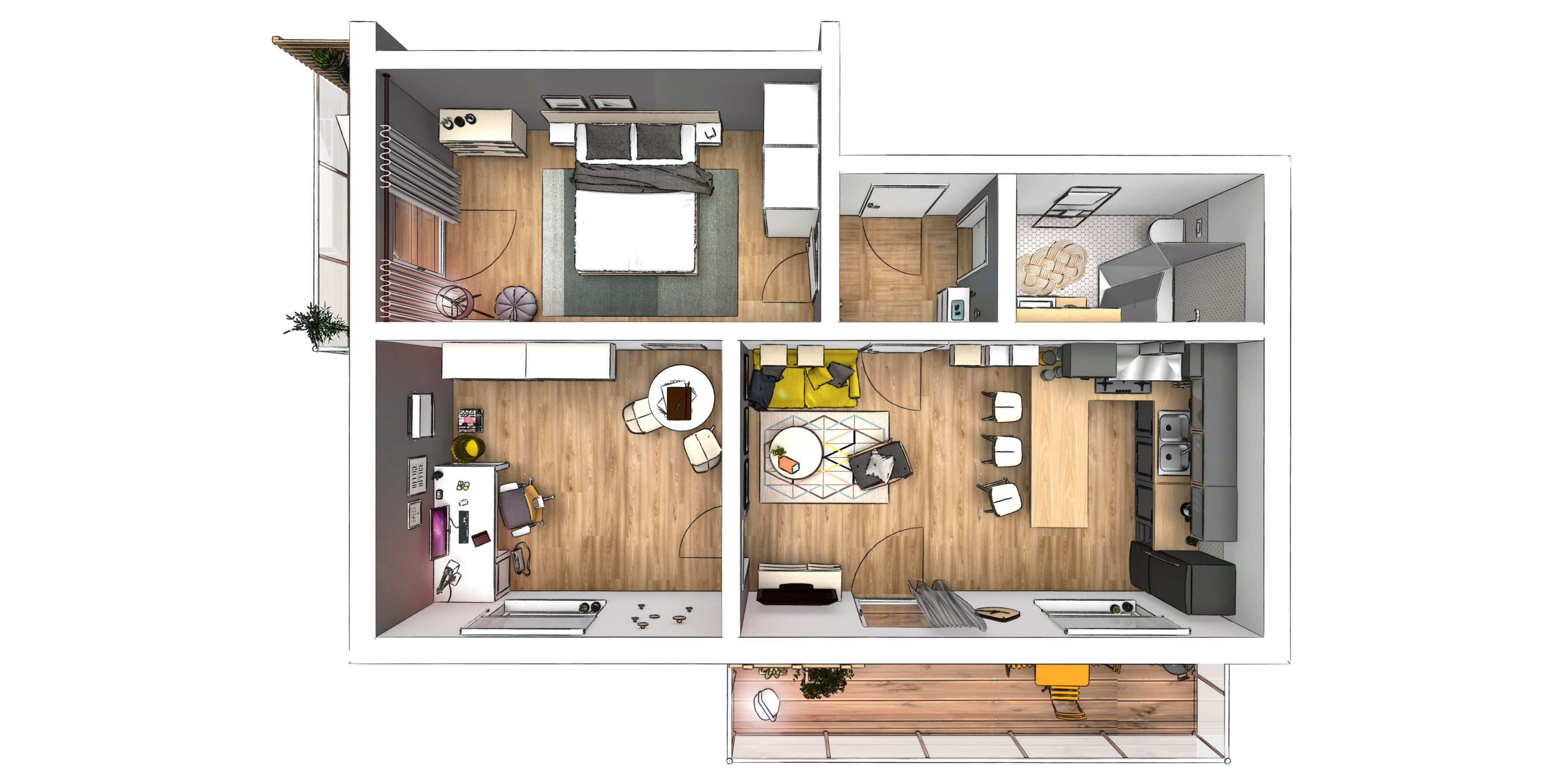 Draufsicht: 3D Rendering einer modernen Wohnung. Innenarchitektur