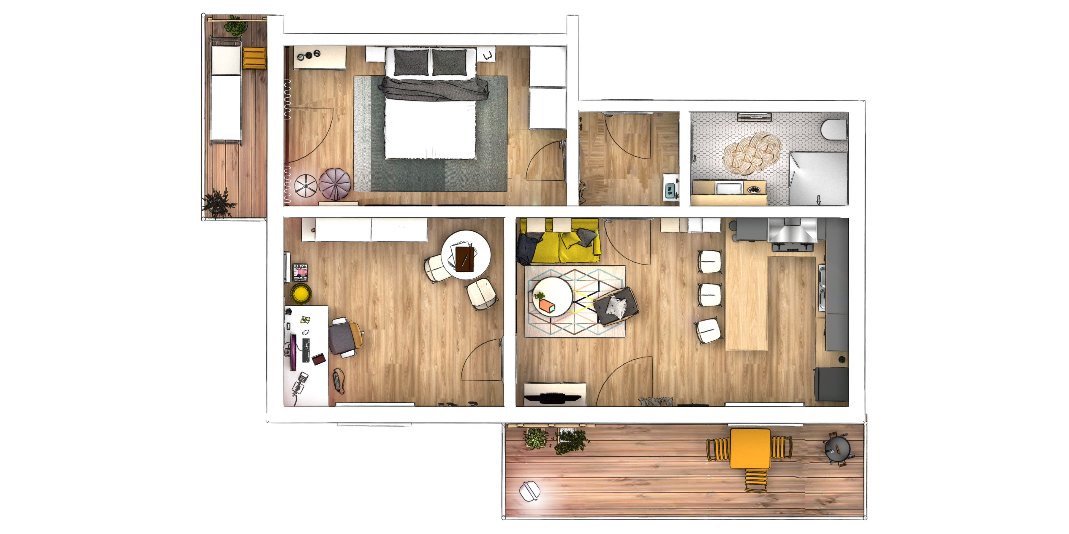 Grundriss: 3D Rendering einer modernen Wohnung. Innenarchitektur