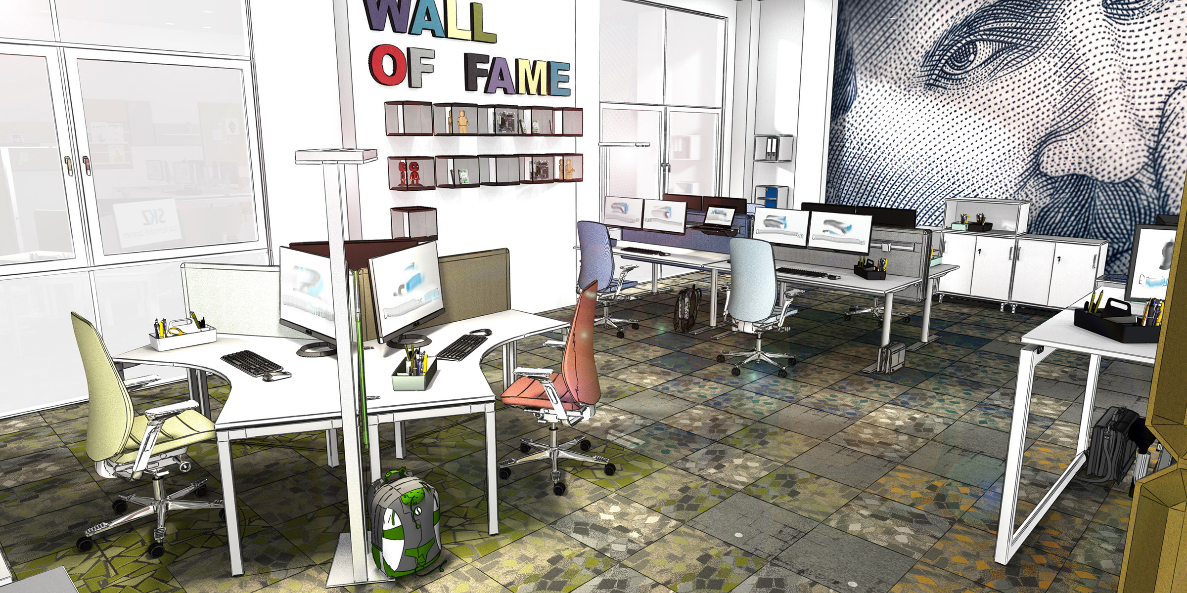 Arbeitsplätze, Schreibtische, Teambench, Teamraum für temporäre Arbeit in einem Büro, neue Arbeitwelten, Inenanrchitektur 3D Rendering