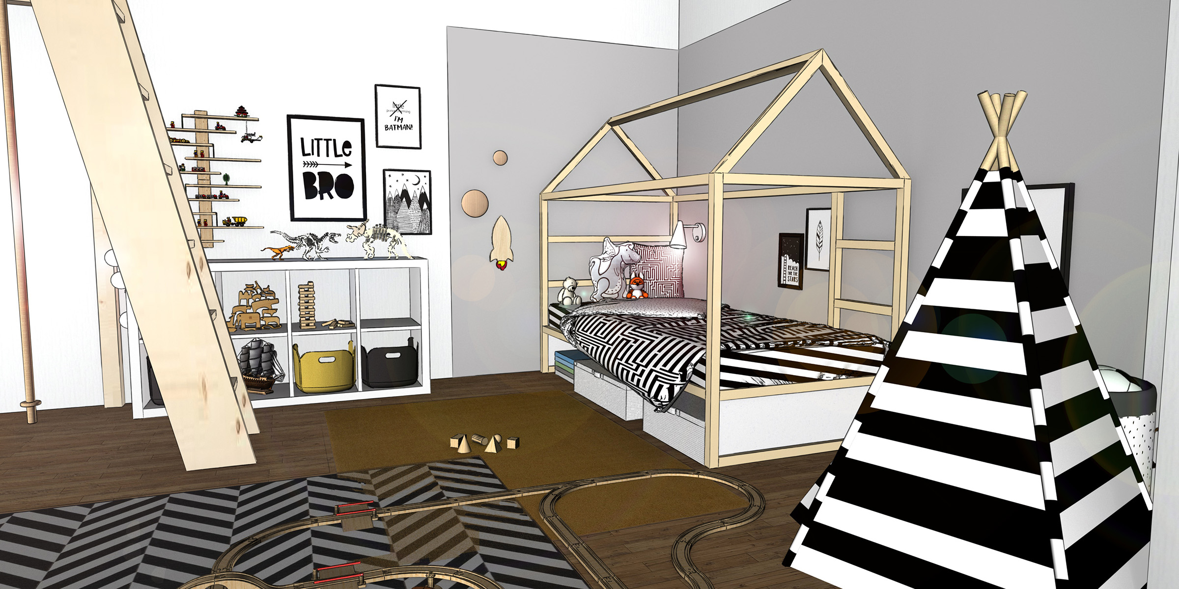 Innenarchitektur Kinderzimmer skandinavisch natur schwarz weiß zweite Ebene modern